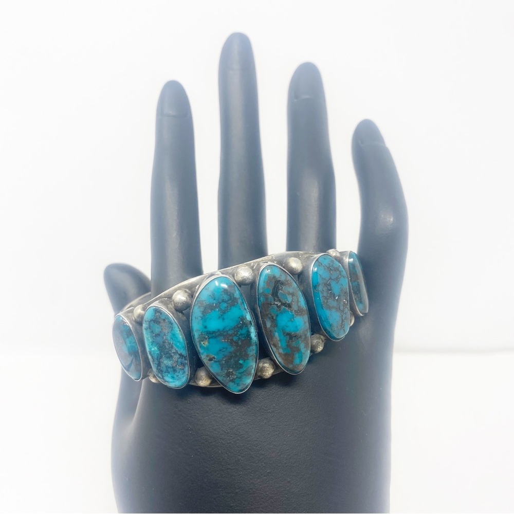 659 Vintage Turquoise Row and sterling silver Cuff Bracelet